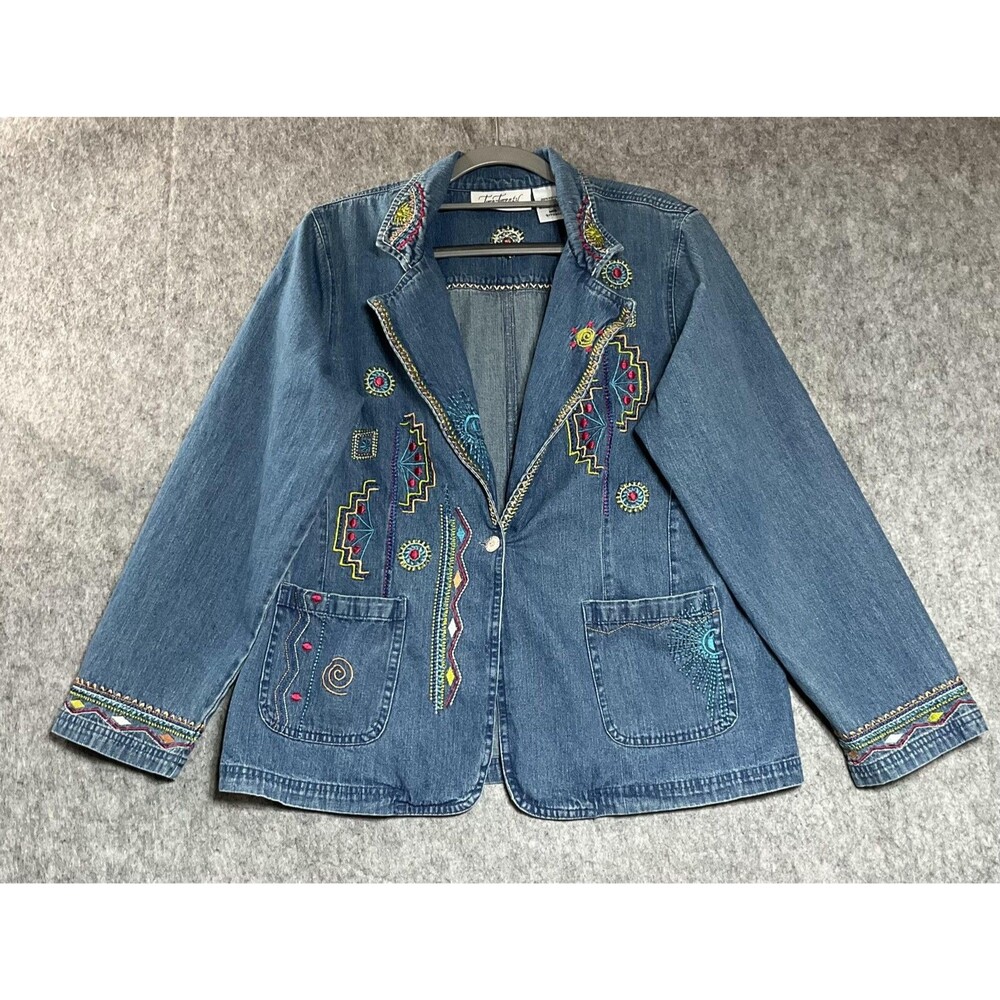 Two-Twenty Collection Jacket Womens M Blue Denim Embroidered Boho Southwestern